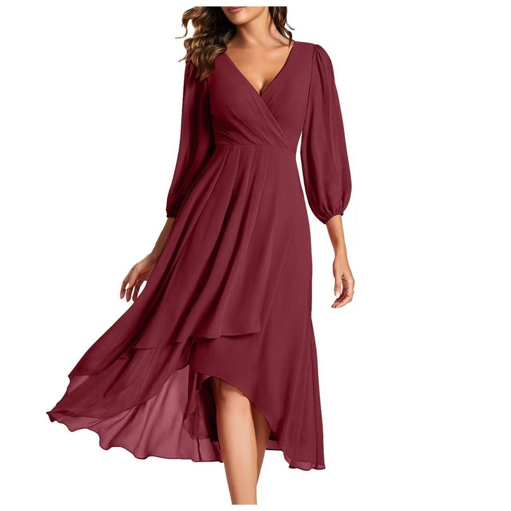 Women V Neck Long Sleeve Wrap Maxi Dress Elegant Chiffon High Low Asymmetric Hem Party Gown