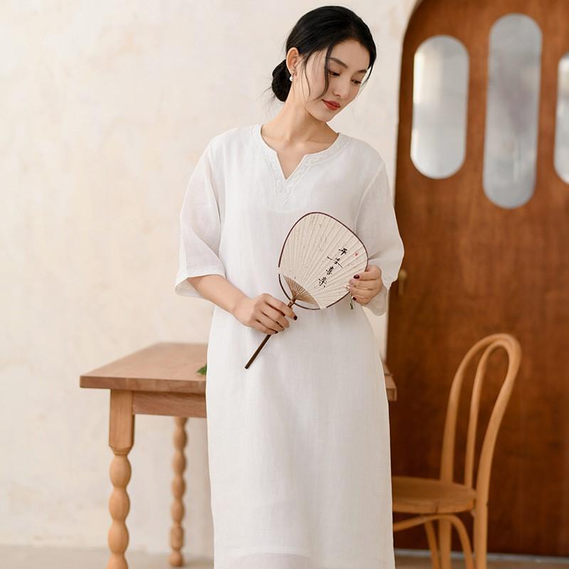 Johnature Women Vintage Embroidery Floral Dresses Half Sleeve Solid Color Summer A-Line Dresses