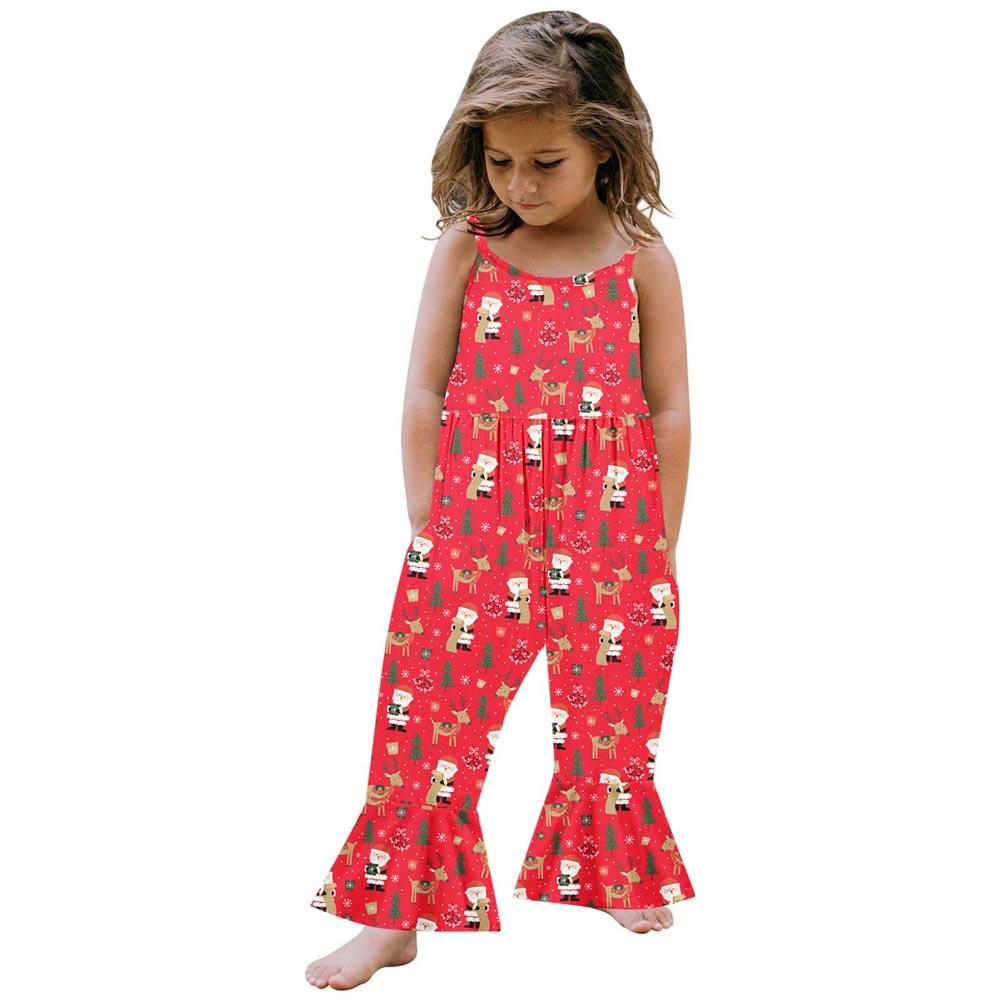 Árvore de Natal Papai Noel Rena Flocos de Neve Padrão Bebê Crianças Alças Espaguete Boca de Sino Macacão Macacão Roupas Infantis para 1-5 Anos