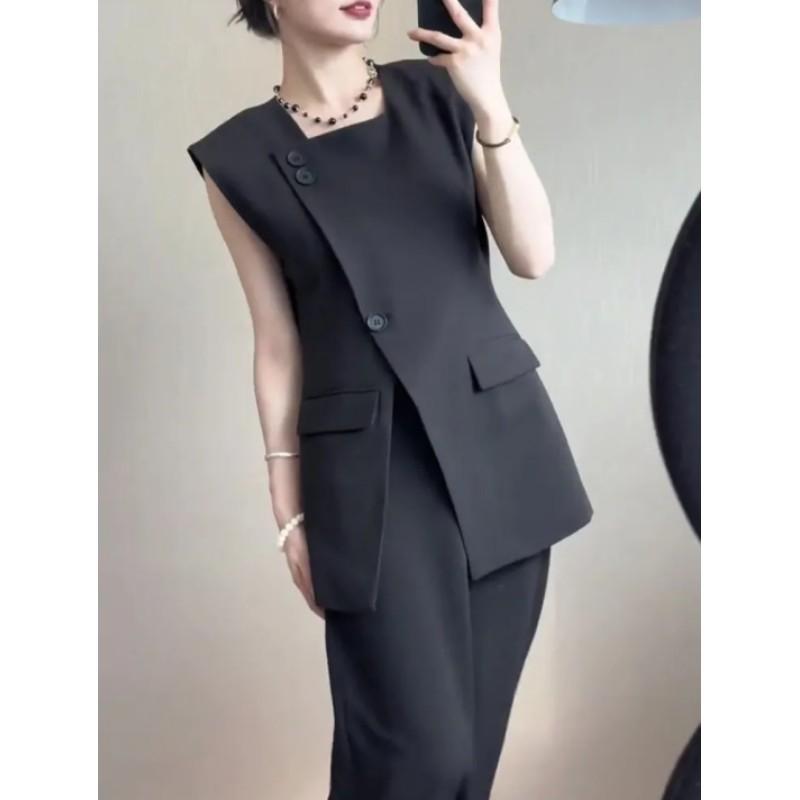 Women's Summer Slim-Fit Blazer Vest Solid Color Elegant Asymmetric Commuter Top