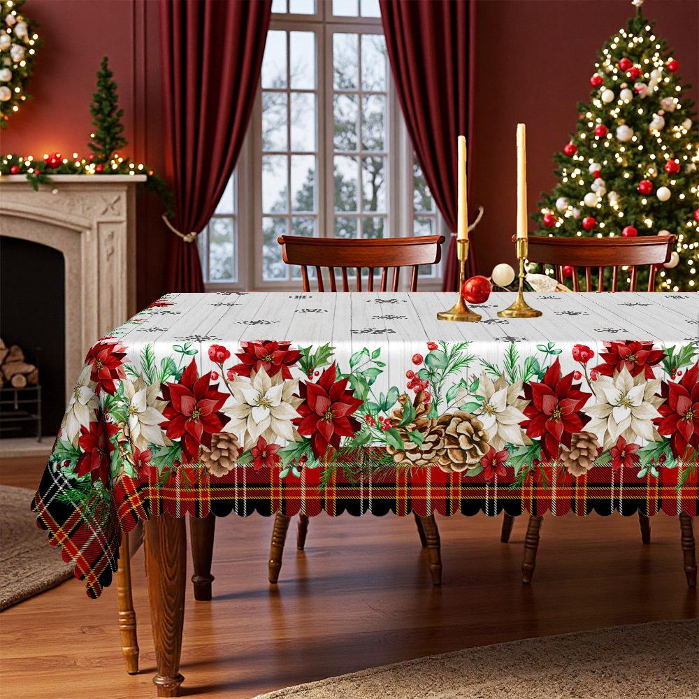 Рождественская скатерть Водонепроницаемая Утолщенная Праздничная Скатерть, Рождественский Цветок + Сосновая Шишка + Клетка, Европейская Скатерть Round tablecloth-152x152cm