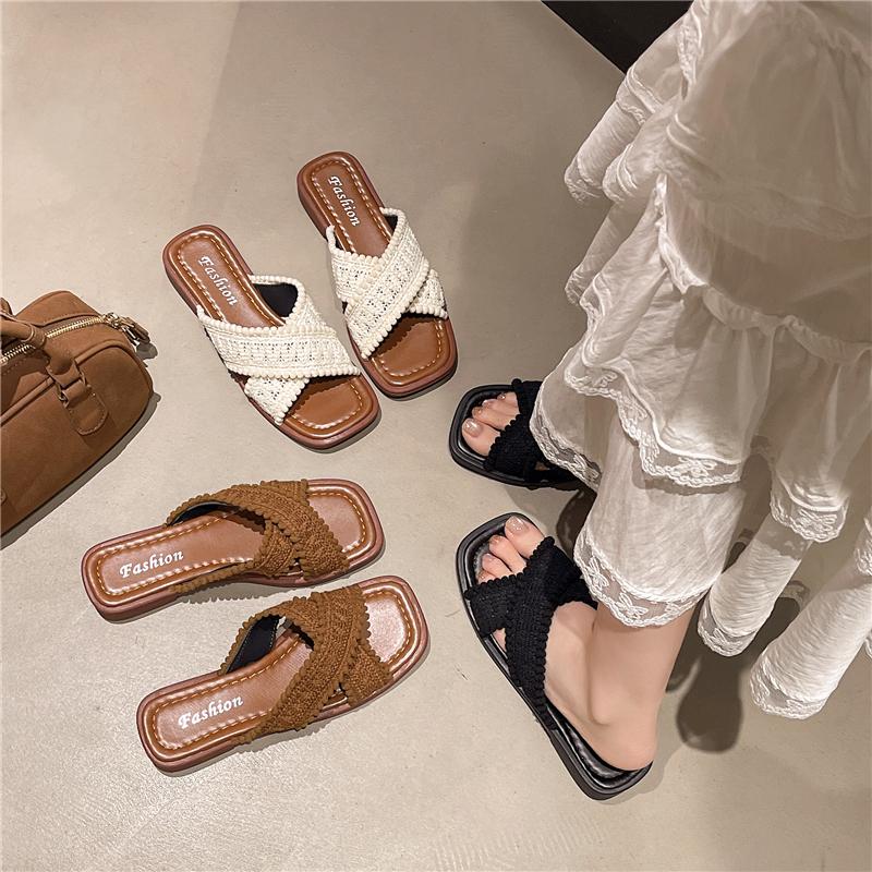 Fashion Shoes Summer Clogs Woman Female Slippers Square Toe Slides Beach 2025 Flat Retro Beach Shoes Woman's Slippers Slides Square Toe