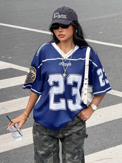 Dámské Vintage Síťované Tričko s Číslem 23 Oversize Volné Streetwear Sportovní Krátký Rukáv
