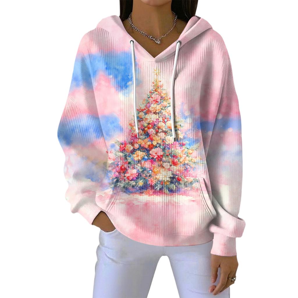 Women's Loose Comfortable Casual Fashion V-Neck Christmas Print Long Sleeve Hoodie