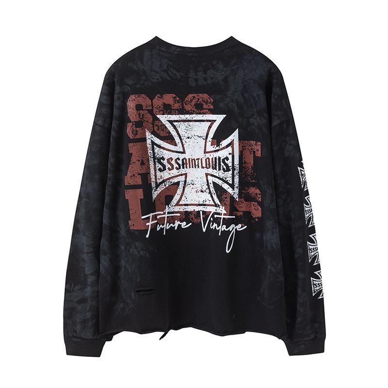 Cross-border trendy brand Saint Louis does dirty damage long-sleeved T-shirt street graffiti cross star top