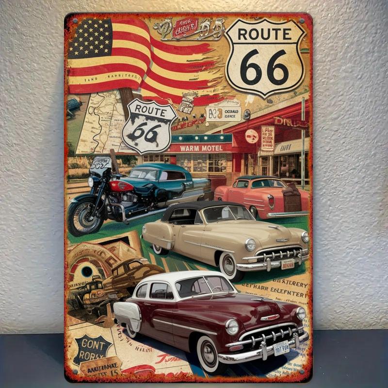 Vintage Route Metal Tin Sign Retro American Road Trip Wall Art Classic Car Decor for Garage Multipurpose Iron Plaque No