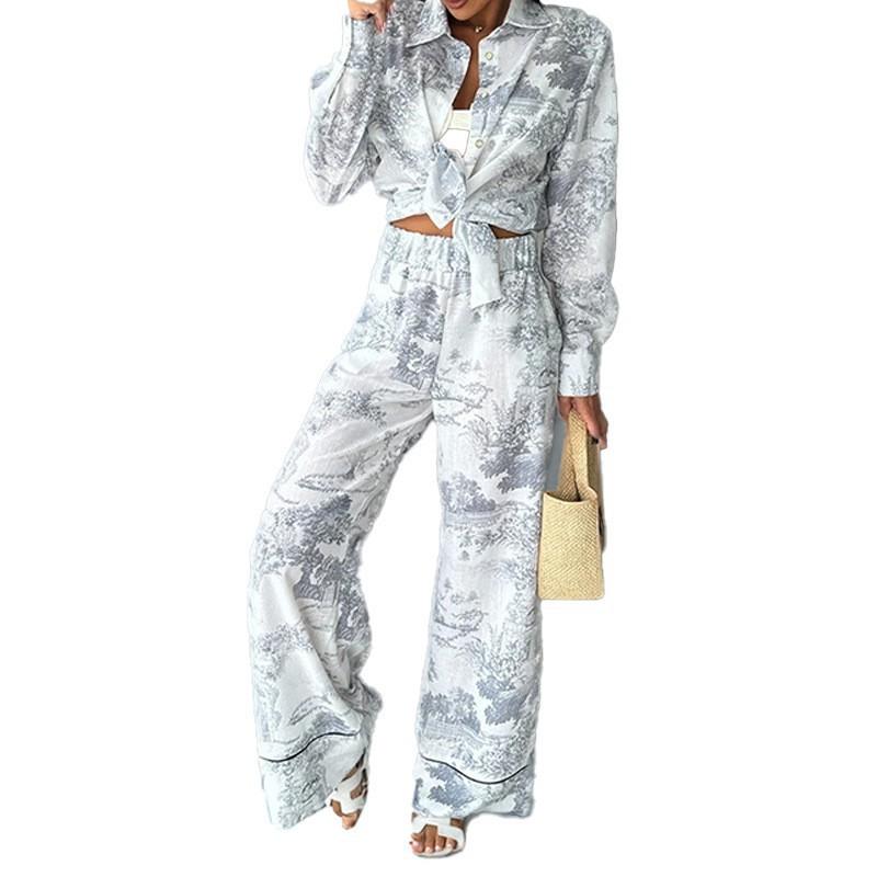 Dress Women's Fashion Suit Casual Print Lace Shirt Pantset