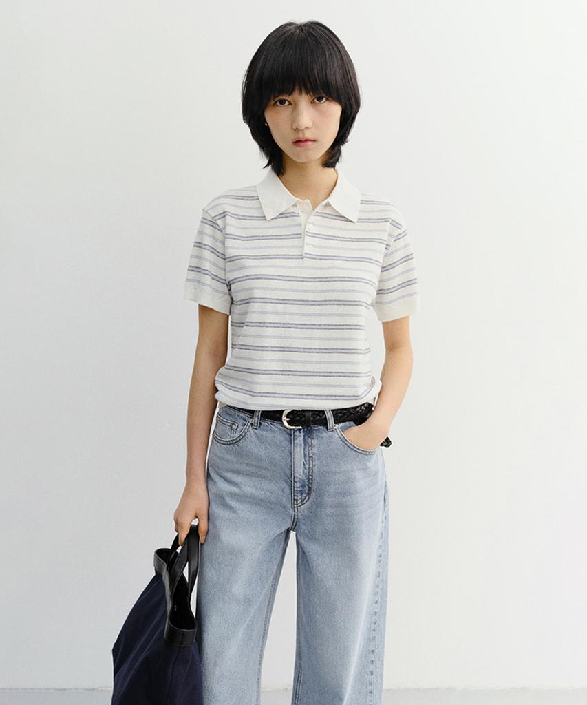 Deonseuteu Unisex Striped Polo Knit_Udsw6B127_White / Soft Blue