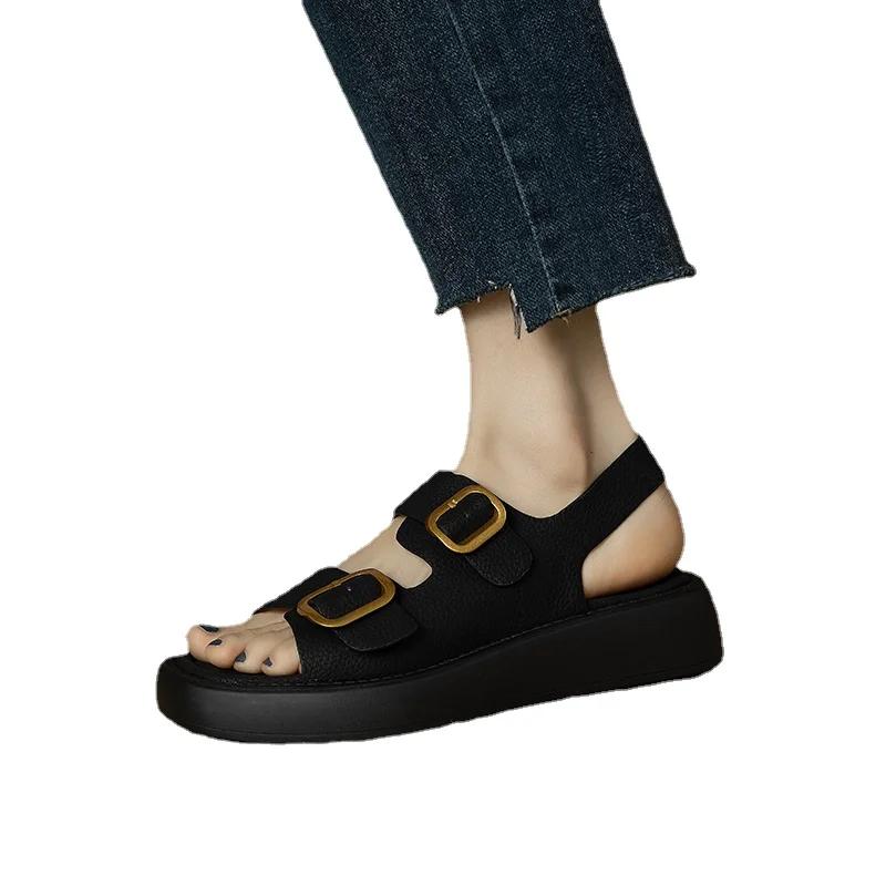 

Бренд Дизайн Лето Открытый Носок Платформа Римский Толстый Каблук Панк Досуг Женщин Сандалии Повседневная Пряжка Черный Модная Обувь Женщина 35 чёрный