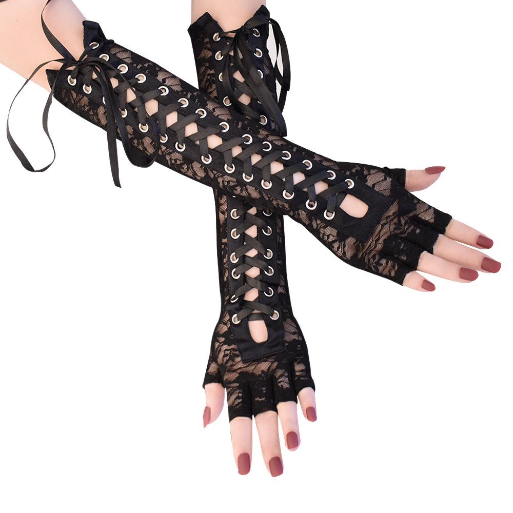 Black Lace-Up Fingerless Gloves - Retro Lolita Dark Punk Style Sleeves