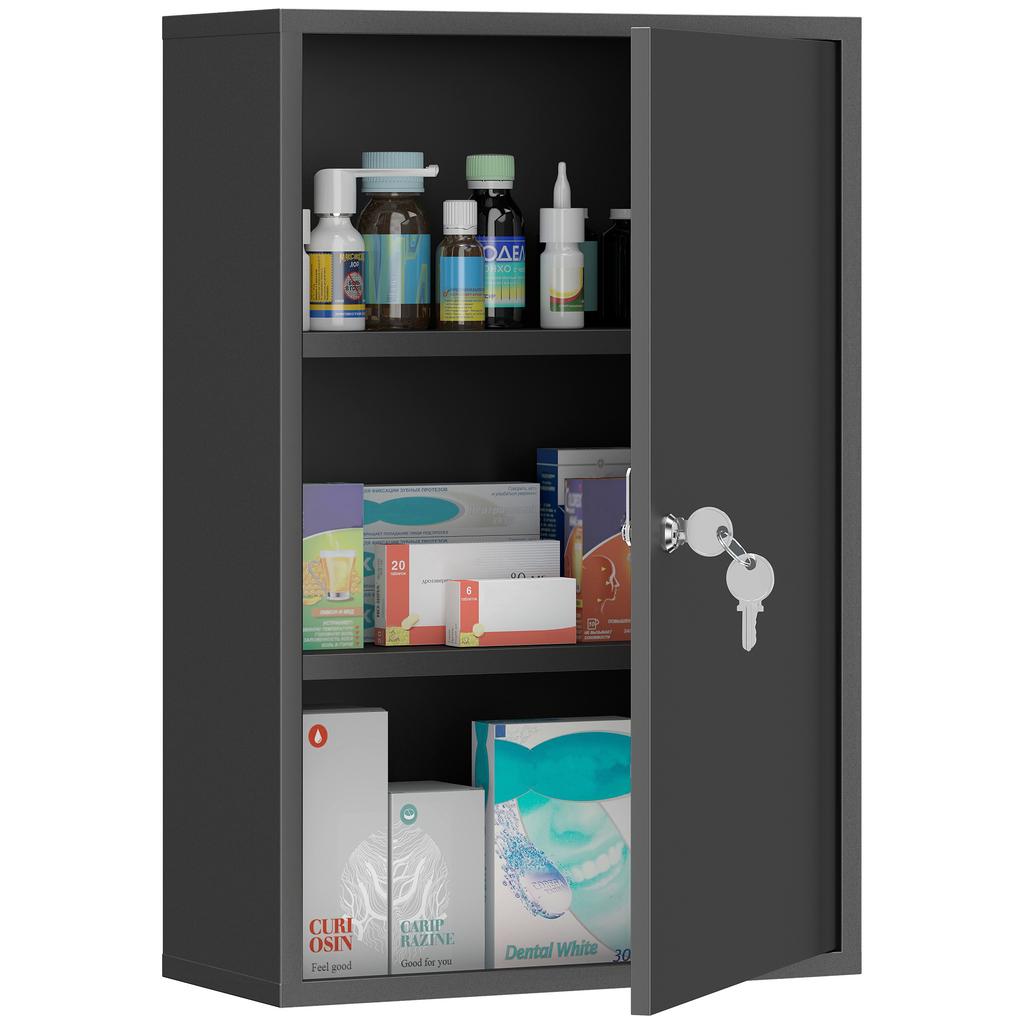 Medicine Cabinet, 2-Shelf 3-Tier, Lock, 40 x 18 x 60 cm, 2 Keys, Metal, Black