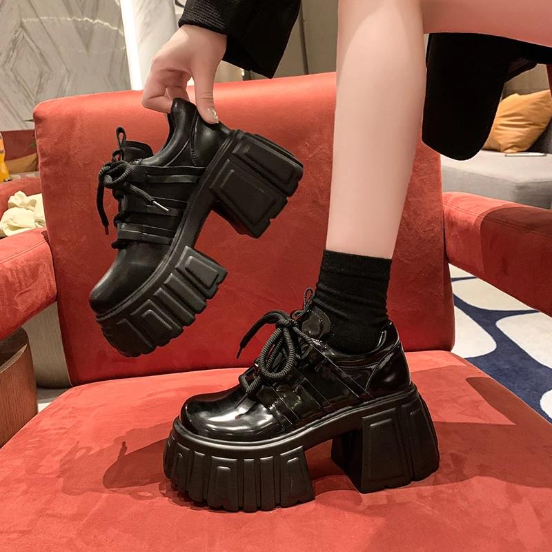 Fashion 8CM Women Mary Jane New Lace Up Loafers Platform Wedge Sneakers Chunky Shoes Women Black Shoes Spring Autumn Walking Sneakers