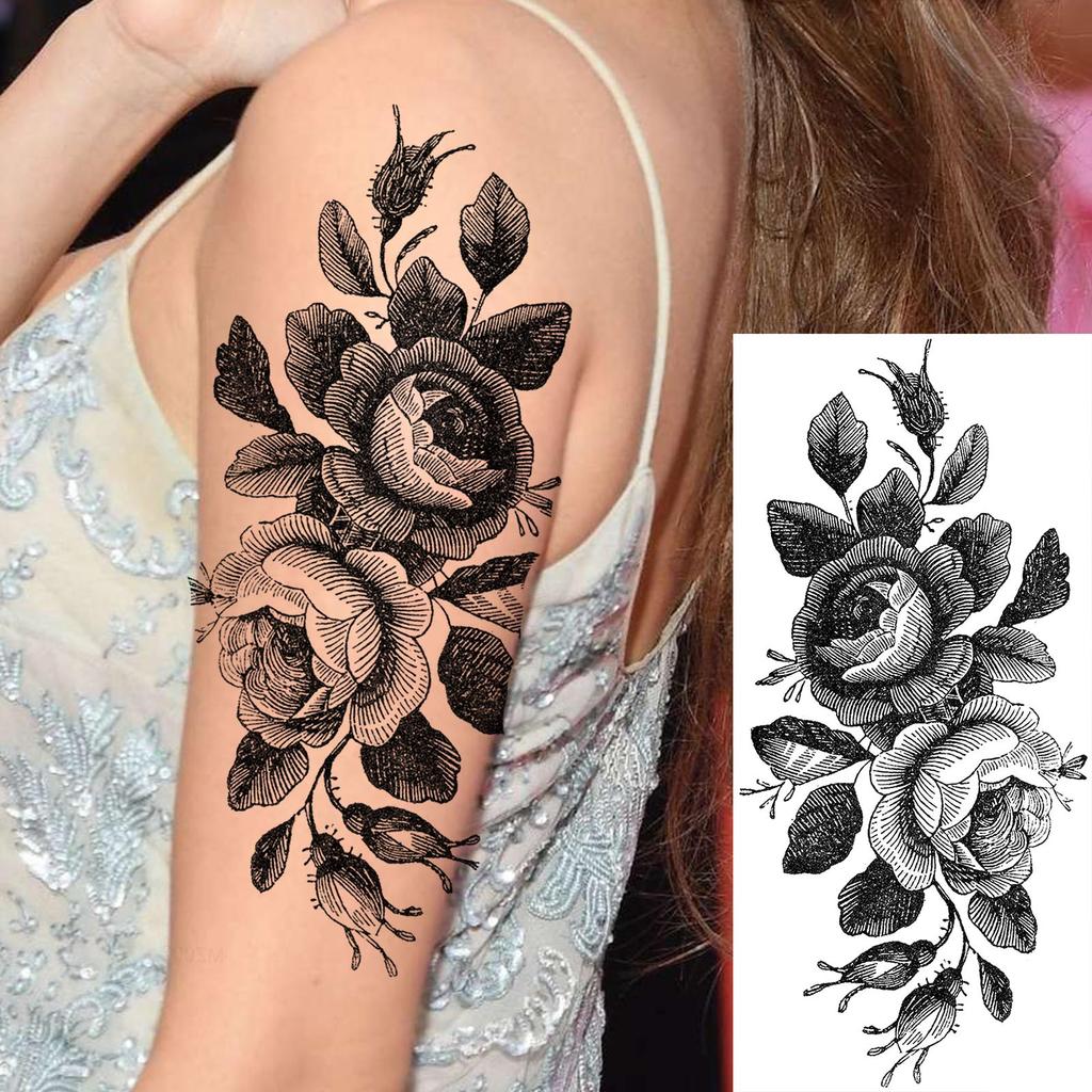 1 Sheet Black Flower Temporary Tattoos For Women Girls Realistic Fake Flora Floral Peony Tattoo Sticker Body Art Painting Decal