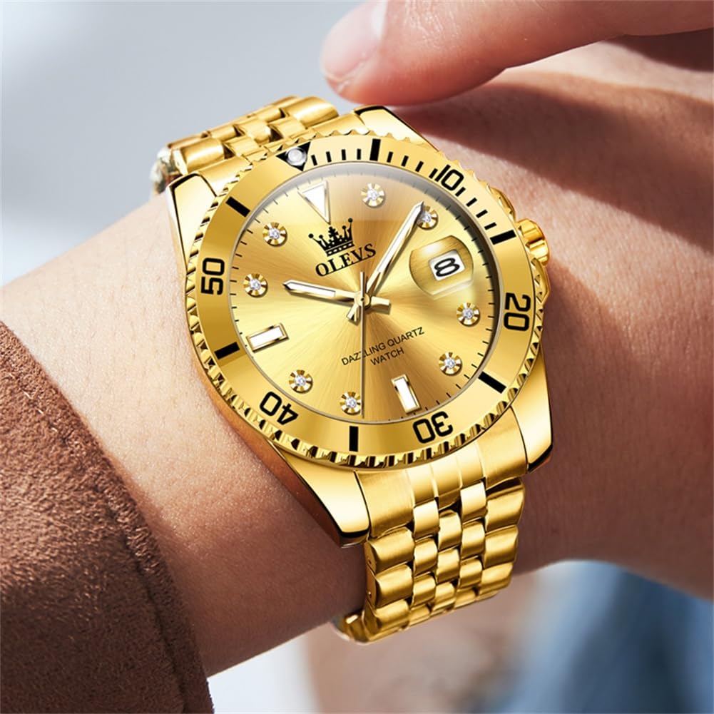 OLEVS Waterproof Quartz Analog Watch with Date Gold Stainless Steel Large Business Simple Stylish Popular Gold Watch for Men's Display, Band, Dial,