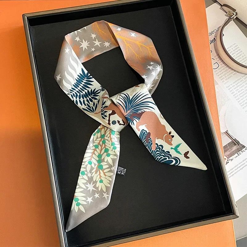 Silk Scarf Women Luxury Chain Print Bag Skinny Scarves Wraps Wrist Towel Foulards Neckerchief Headband Muslim Hijabs