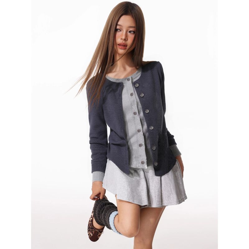 Shiyiyue Fake Two-Piece Color-Blocked Knitted Cardigan for Women, Autumn Casual Lazy Style, Regular Shoulder, Round Neck, Long Sleeve Jacket