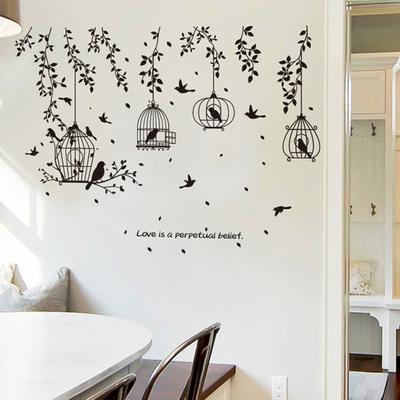 Pegatina decorativa para pared con silueta de hojas de jaula de pájaros negra, pegatina para sala de estar y dormitorio