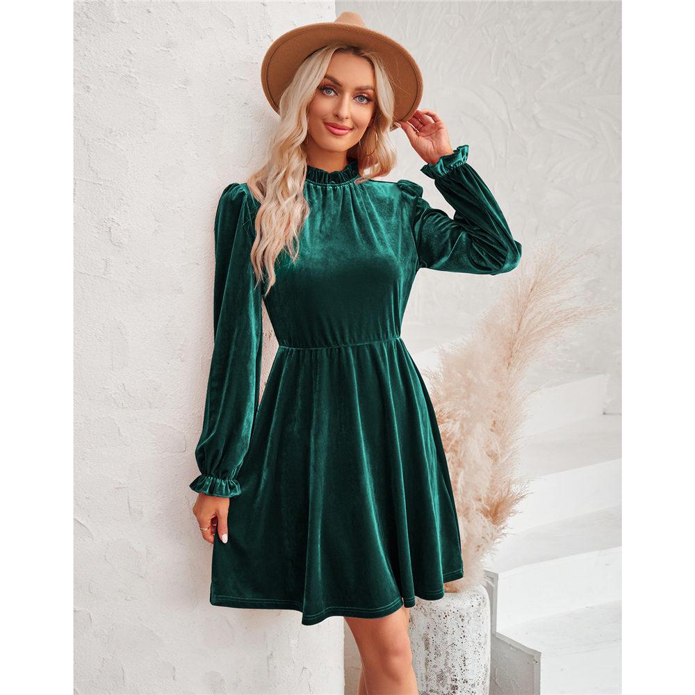 Samtkleid für Damen Winter Casual Hoher Hals Samt Einfarbig Schlanke Taille Kleid Herbst Winter Promi Partykleider