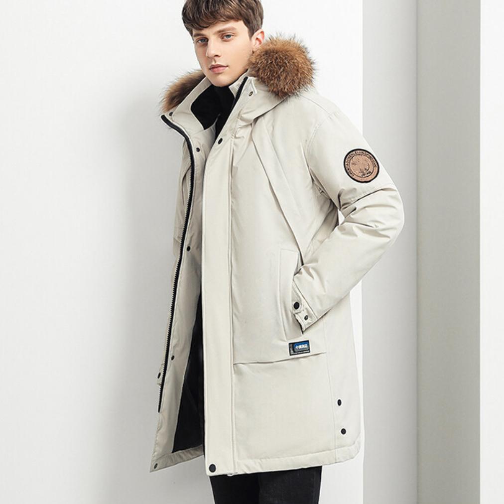 

Чоловічий пуховик великого розміру з хутряним коміром, зимовий робочий одяг середньої довжини, повсякденна вільна потовщена куртка з великою кишенею M білий