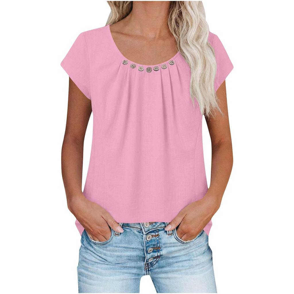 Women's Casual Pleated Button-Up Short-Sleeve T-Shirt Top