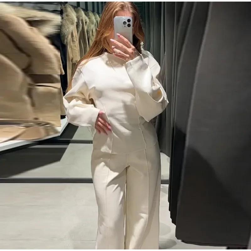 Autumn 2024 Women's Long Sleeve O-Neck Pleated Top & Wide Leg Pants Office Suit