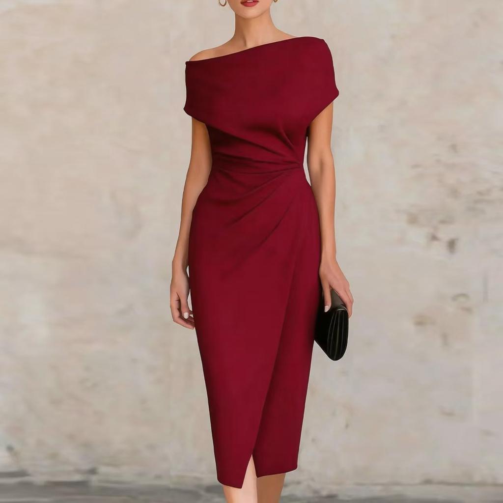 Women’s Off Shoulder Midi Dress Asymmetrical Hem Ruched Bodycon Elegant Cocktail Party Dress for Formal Events
