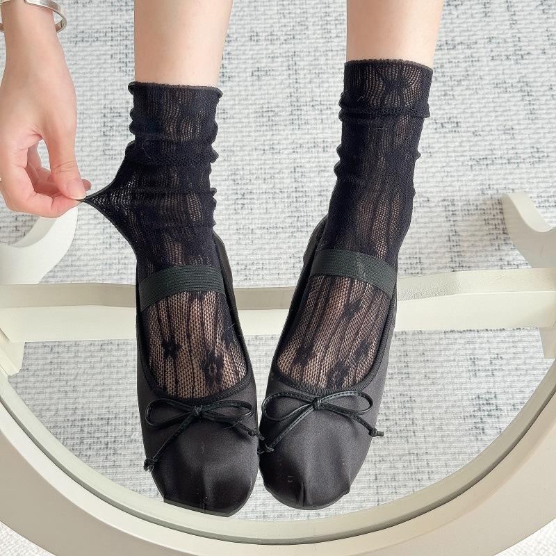 Black And White Lace Socks Spring And Summer Thin Mesh Medium Tube Stacking Socks Sweet Lolita Japanese Stockings Tide