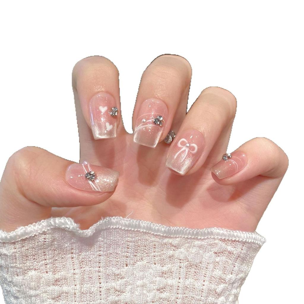 Yihe Gentle Blush Gradient Ice Cat Eye Nails with Rhinestones & Bow