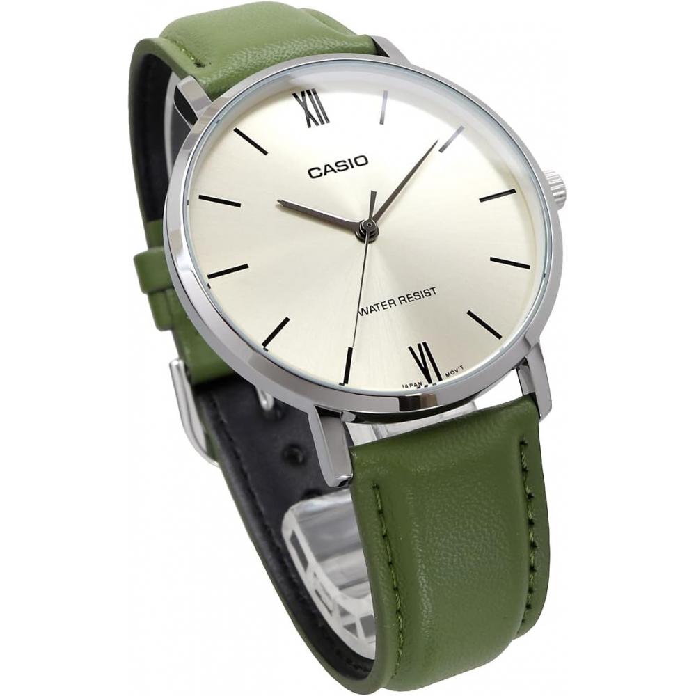 Casio Men S Quartz Watch Silver   Green Leather Band Mtp Vt01l 3b
