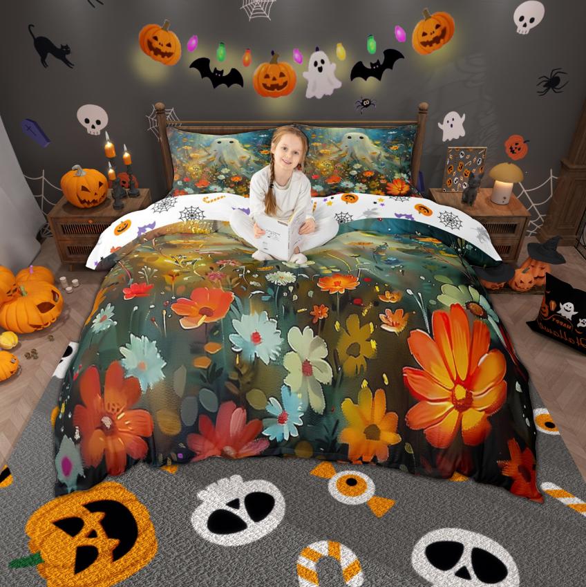 Homewish Cartoon Spooky Animal Duvet Cover Set Happy Halloween Theme Bedding Set Pumpkin Bat Ghost Quilt Cover Set Room Decor