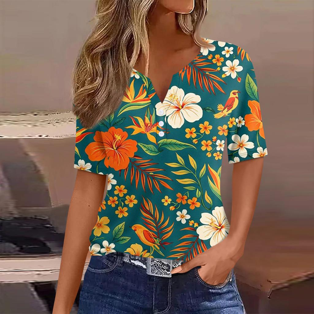 Women's T Shirt Tee Printed Button Short Sleeve Tunic Daily Weekend Fashion Basic V- Neck Regular Top