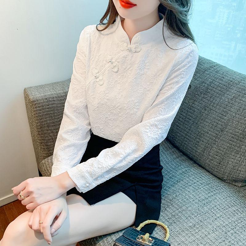 Retro Buttoned Long-sleeved Shirt for Women Spring New Style New Chinese Style Inner Bottoming Shirt Fashionable Temperament Top