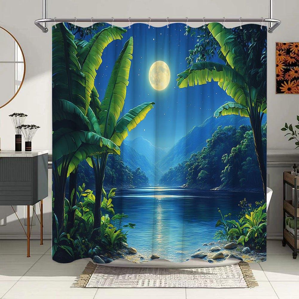 

1Pc Tropical Shower Curtain - Serene Night Scene With Full Moon, Tranquil Lake, Banana Trees & Starry Sky - Durable Polyester W60H190(CM)-1 Pcs