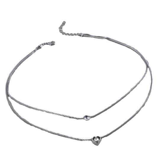 Layered Necklace, Small Heart Round Rhinestone Pendant Necklace, Simple Choker Jewelry for Women Girls серебряный
