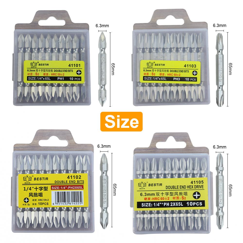 BESTIR 10pcs Screwdriver Bit Set 65-200mm 1/4" Shank S2 Alloy Double Ended PH1 PH2 PH3 Strong Magnetic Cross Phillips Batch Head
