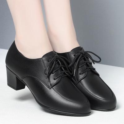 Women Work Shoes Black Lace Up Middle Heel Leather Shoes Spring Autumn Soft Soles Breathable Comfortable Single Shoes Gentle