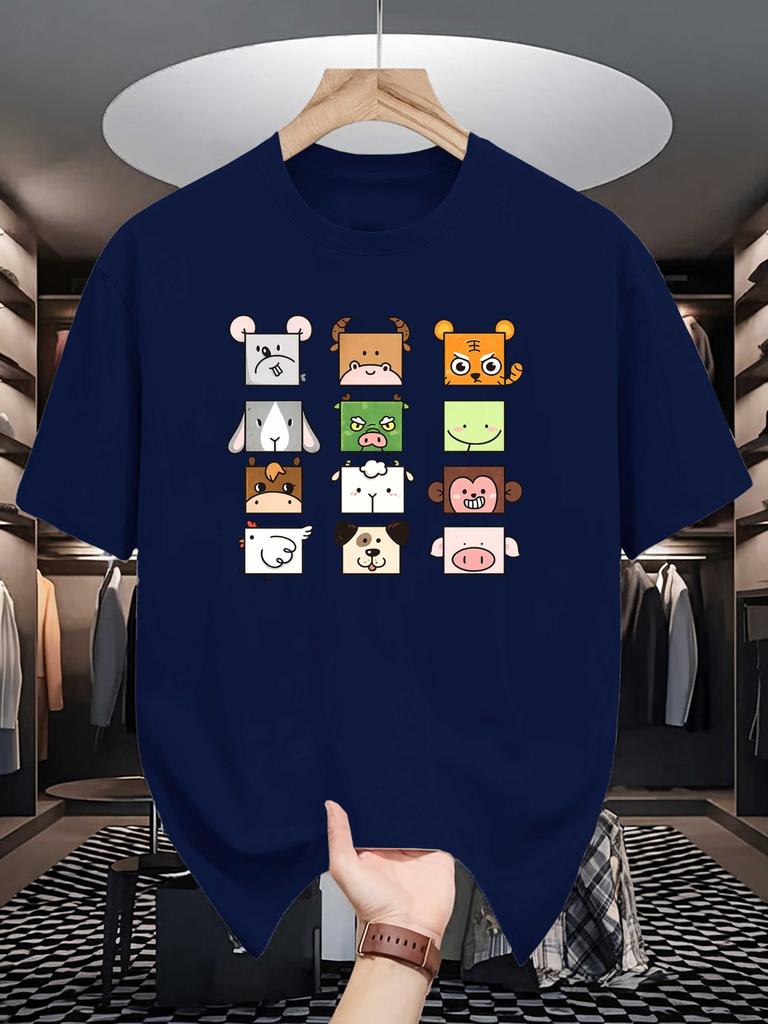 Chinese Zodiac Square Animal Cartoon Graphic Unisexs T Shirt Crew Neck Short Sleeve Tees Cultural Print Gift For Cute Animal Lovers