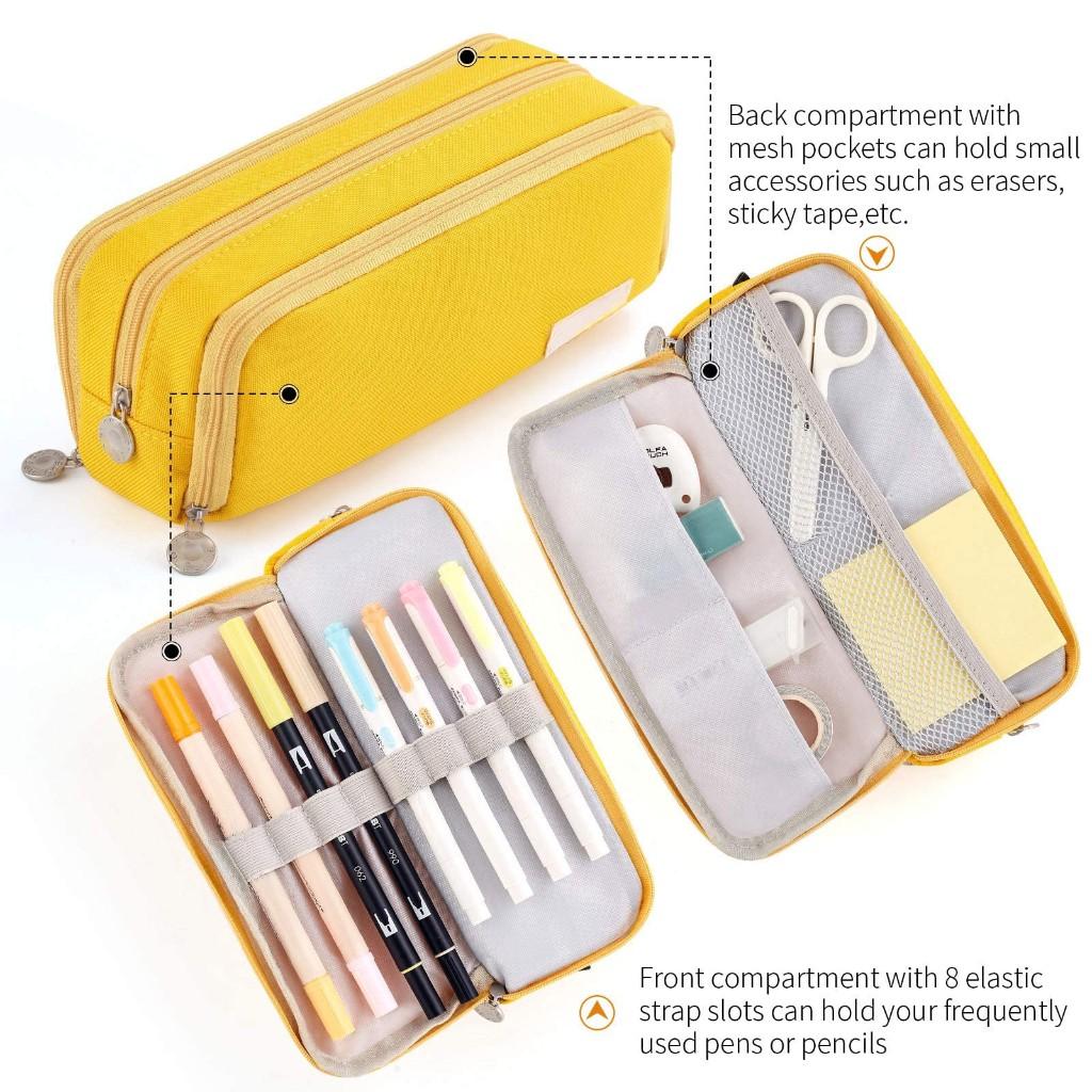 Large Capacity Pencil Case 3 Compartment Pouch Pen Bag for School Teen Girl Boy Men Women,Yellow