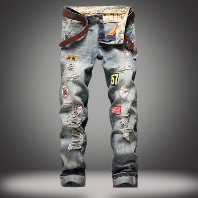 2024 Avrupa Ve Amerikan Yeni Kot Erkek Slim Fit Düz Bacak Rozeti Yıpranmış Kot