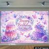 2D Flat Butterfly Birthday Banner Pink Purple Cake & Floral Themed Party Backdrop for Girls