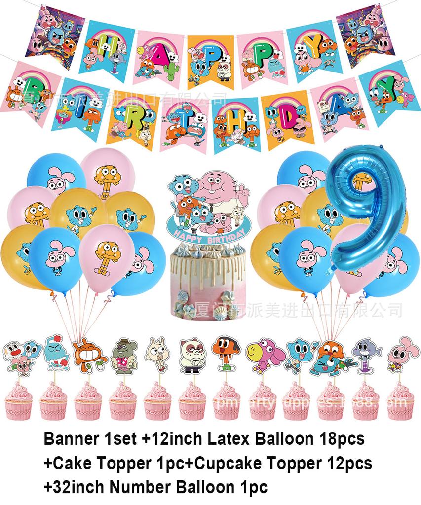 Cartoon Amazing World Birthday Party Decorations Gum&balles Balloon Banner Cake Topper Rabbit Cat Anime Backdrop Kid Favor Gift