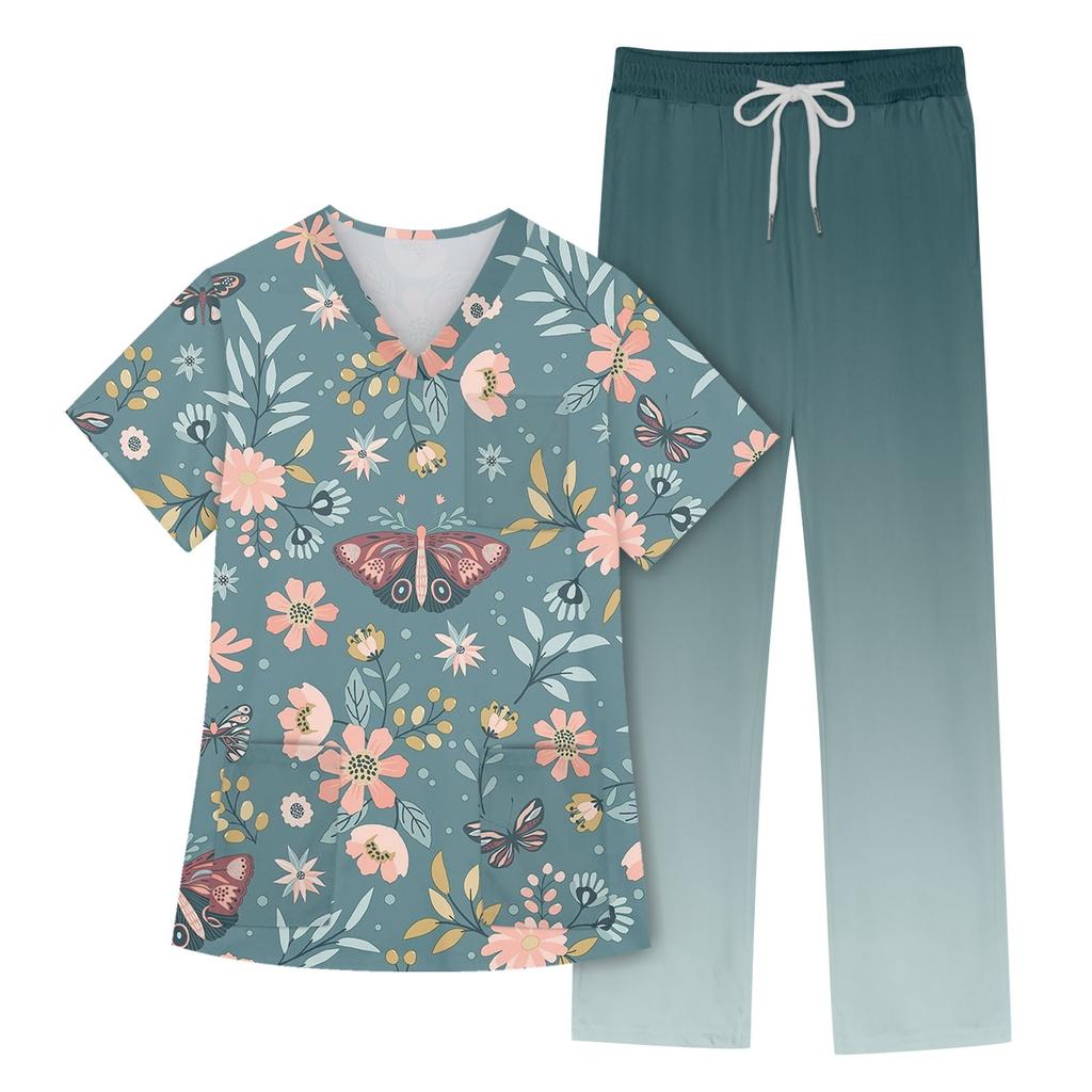 Women's Short Sleeve V Neck Animal Print Chest Pocket Work Top Elastic Waist Pants Two Piece Work Set