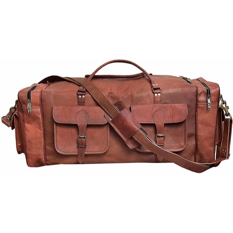 Brown Leather Duffle Bag Leather Duffel Bag 32 inch Large Travel Bag Gym Sports Overnight Weekender Bag brown