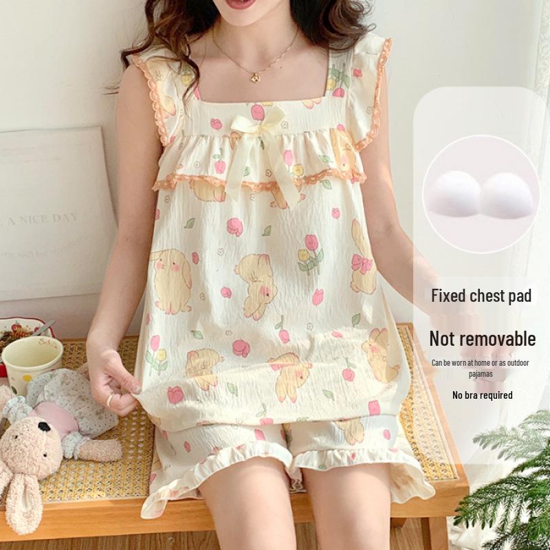 Women's Cloud Cotton Camisole Pajamas with Built-in Bra - Summer Sweet Style, Two-Piece Shorts Set, Wear Indoors or Out.