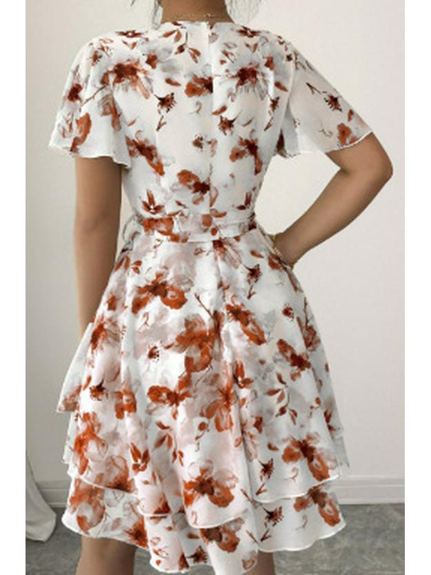 Elegant Floral Ruffled V-Neck Summer Dress - Women's Retro Holiday Style