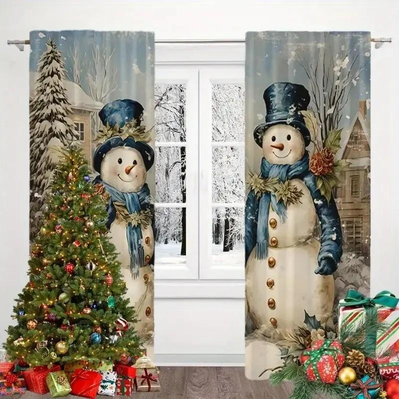 Set Of 2 Jit Cheerful Snowman Printed Curtain Polyester Christmas Holiday Window Decor Cozy Home Rod Pocke Curtains Blackout Made