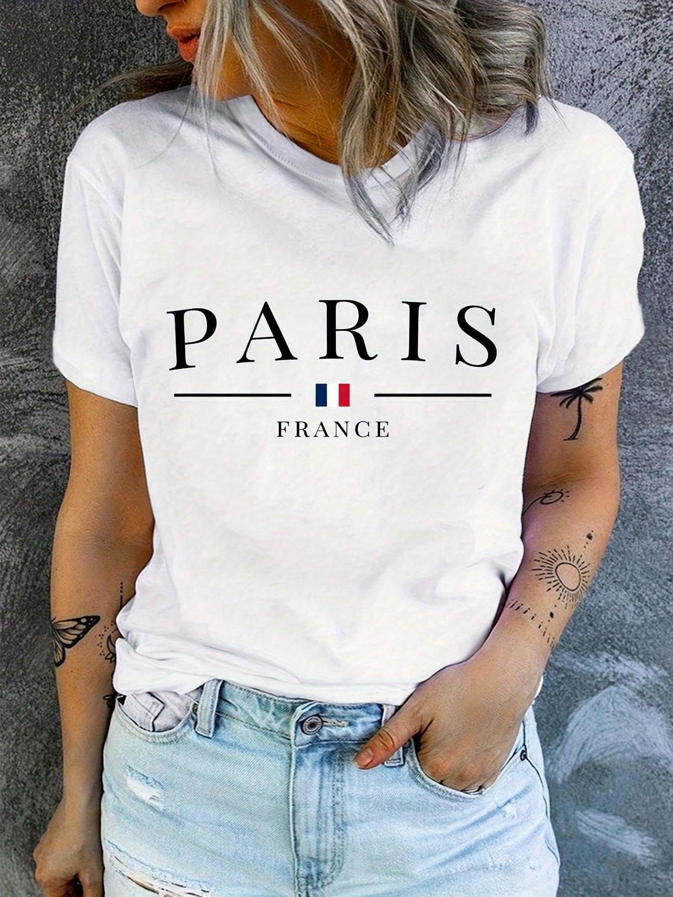 

Paris Print Crew Neck T-shirt. Short Sleeve Casual Top For XXL дубильная кора