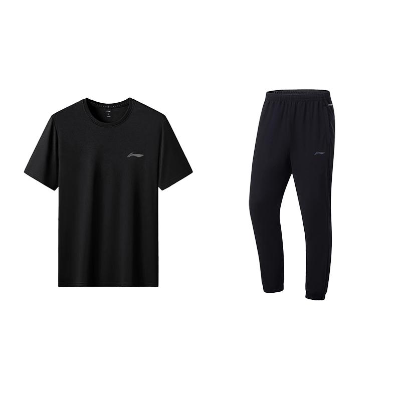 

Li Ning свободный крой с круглым вырезом, прохладный, с коротким рукавом, однотонный, быстросохнущий, эластичный, длинные брюки, повседневный спортивный костюм, унисекс, черный ATSU819-1+AYKU835-1 L