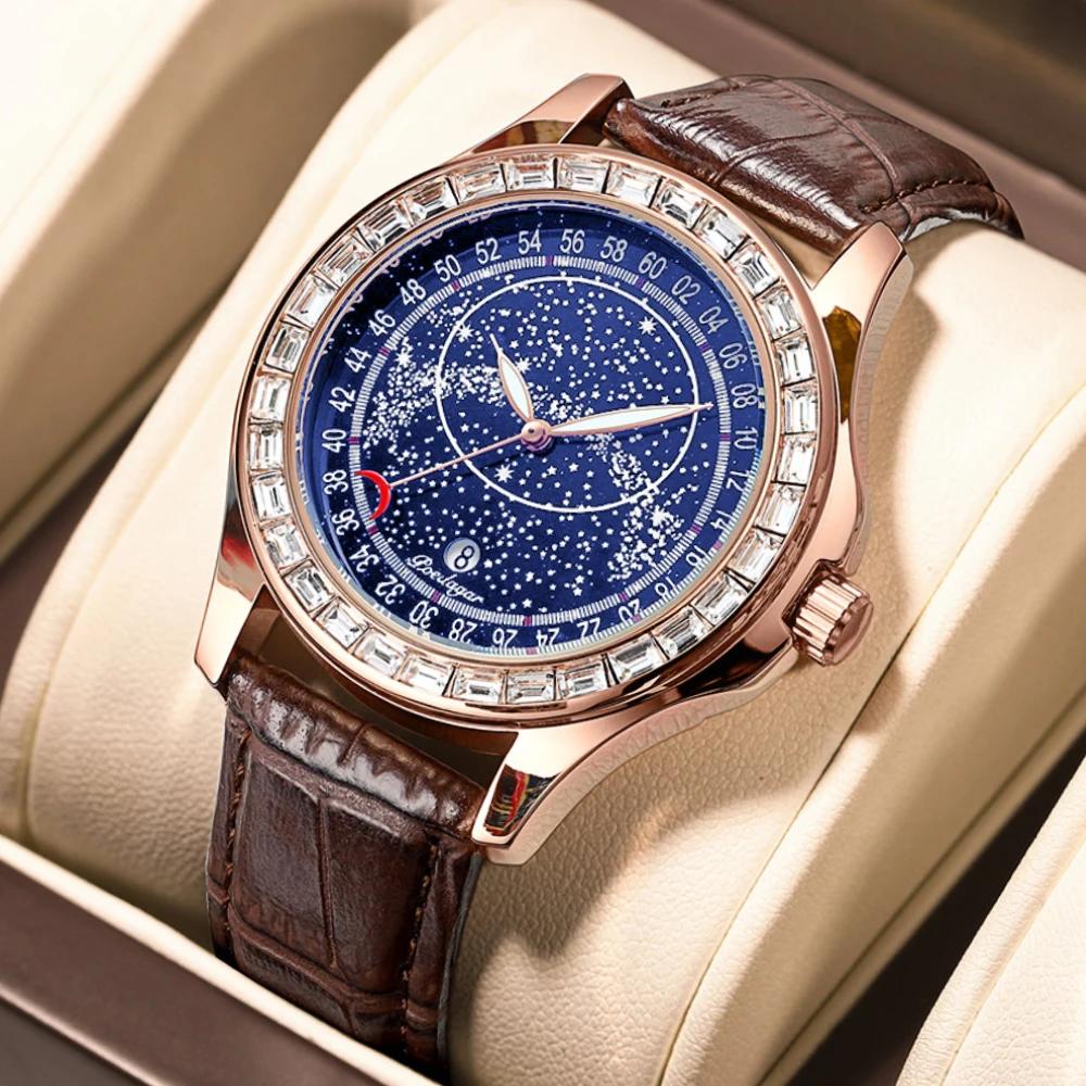 POEDAGAR Men's Fashion Leather Quartz Watches Starry Sky Diamond Style Waterproof Luminous Luxury Sport Blue Wristwatch