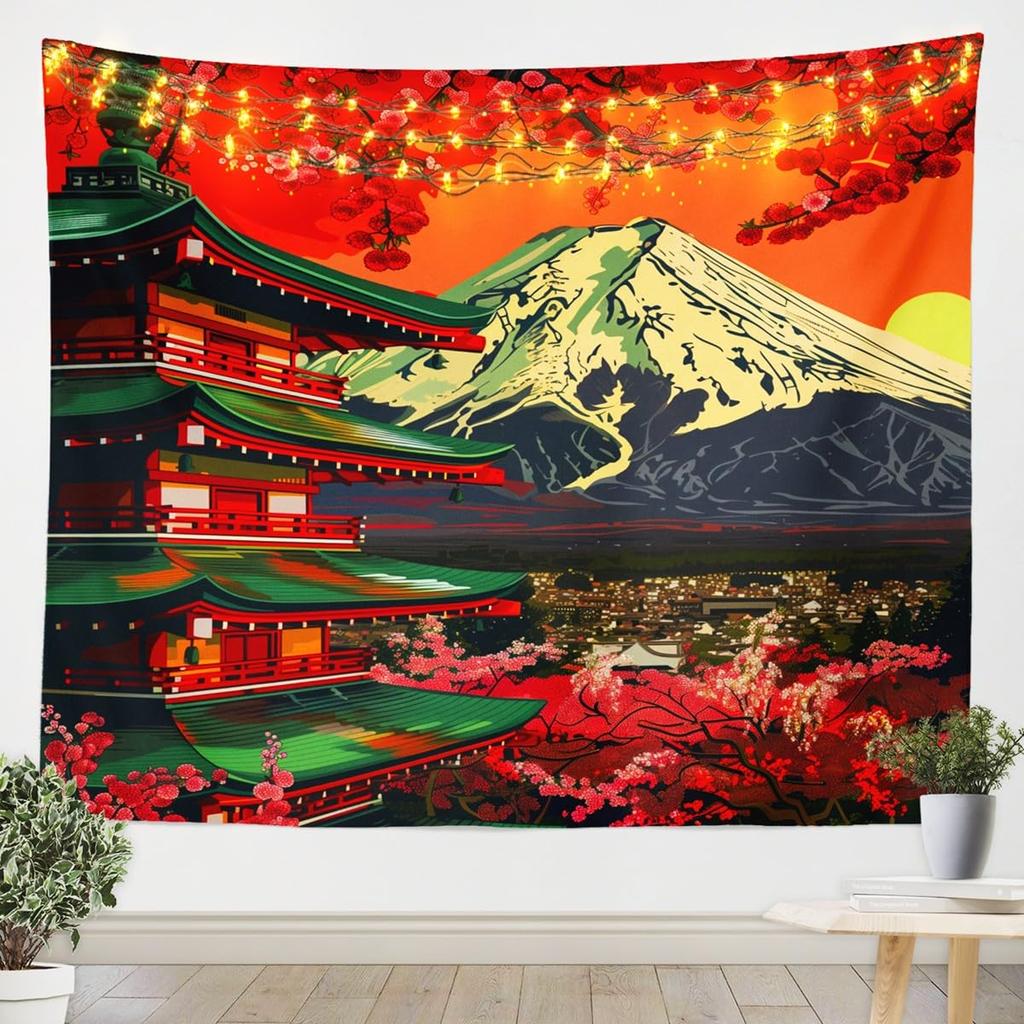 Chinese Cherry Blossom Moon Tapestry, Ink Wash Wall Hanging with Pink Flowers and Full Moon for Zen Aesthetic Bedroom Home Decor